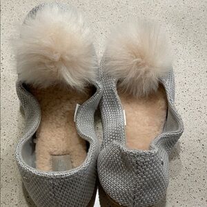 UGG Gray Slippers with Cream Pom-Poms